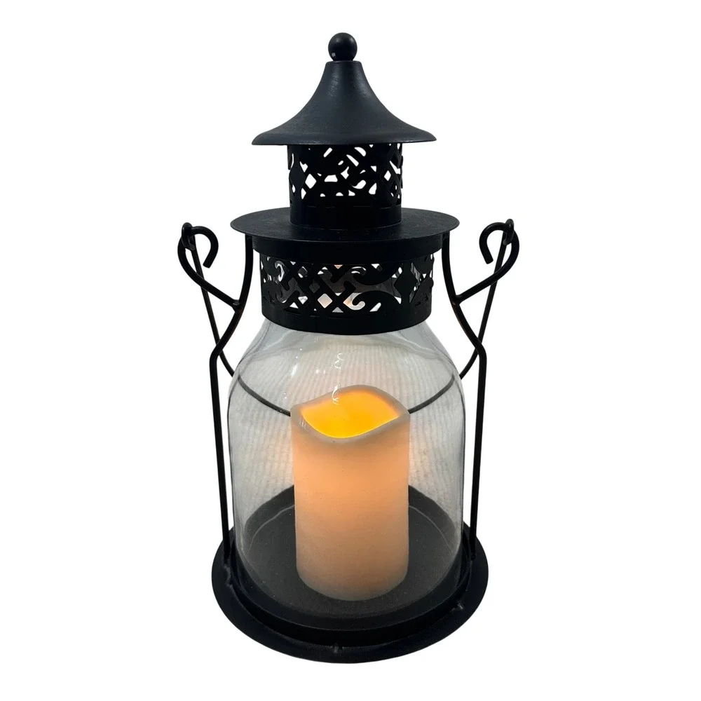 Black Metal Glass Hurricane Lantern with LED Flameless Candle 13.5 Inch